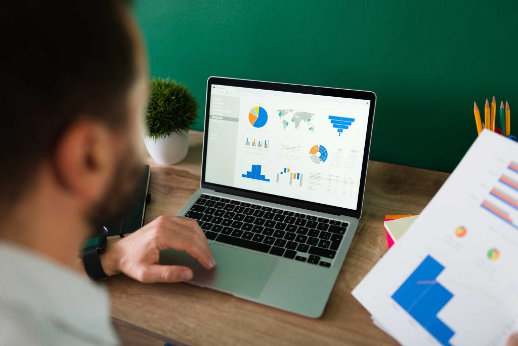 Google Ads performance graphs and pie charts on a laptop